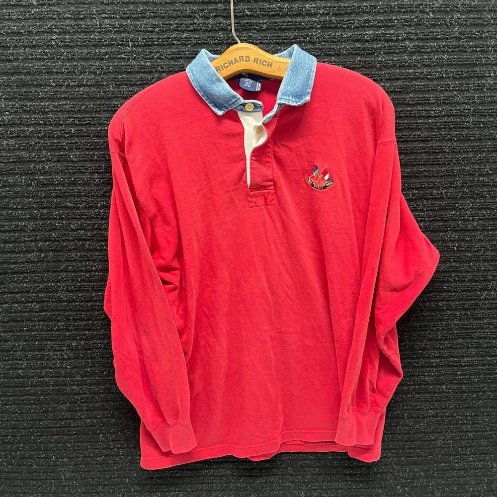 Vintage Ralph Lauren Polo Rugby Shirt Mens Large Red Denim Collar Long Sleeve L